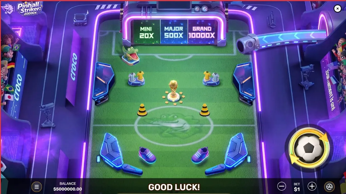 Pinball Striker 20,000x স্লট গেমের নিয়ন স্টেডিয়াম এবং পিনবল মেকানিক্সের দৃশ্য